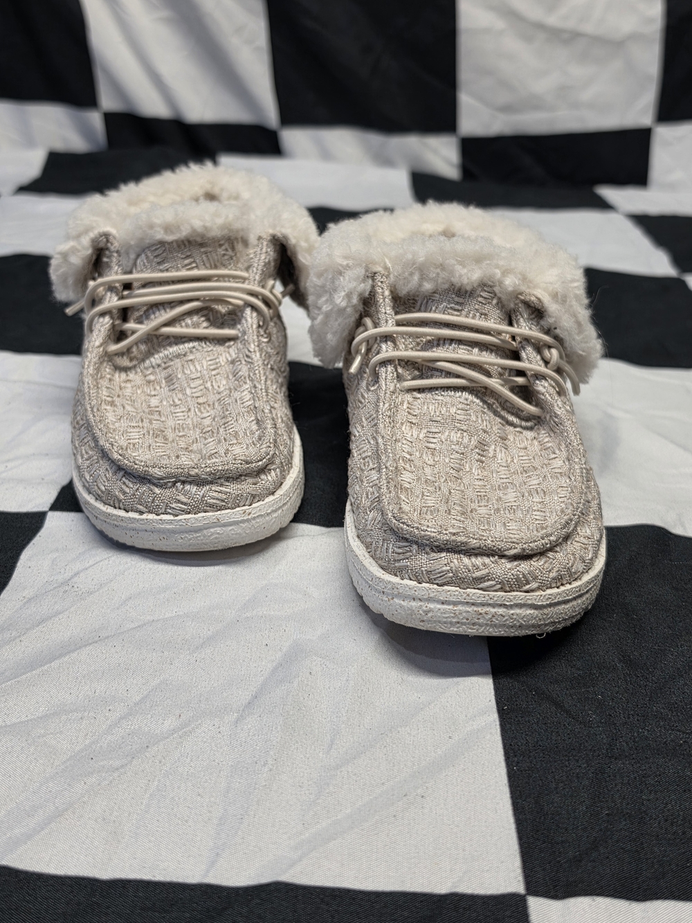 Cozy Beige Kids Slip-On Shoes with Faux Fur Collar